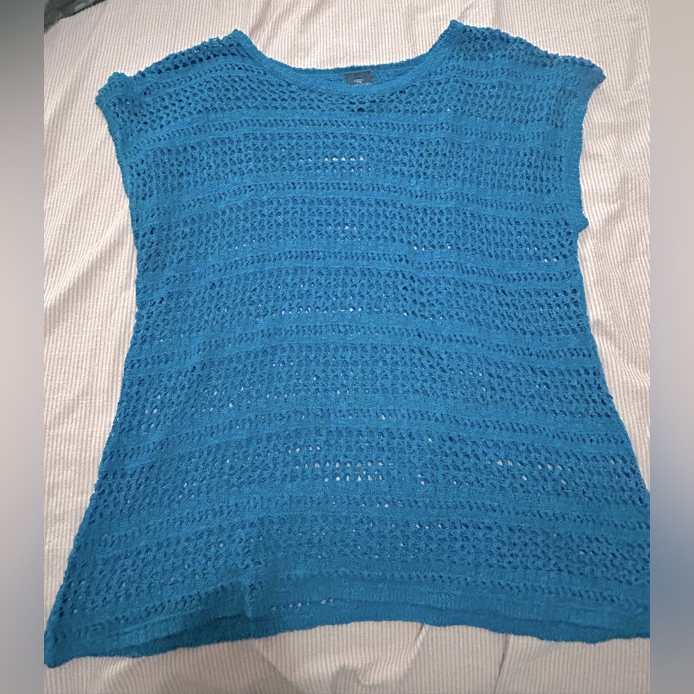 Retro 80s Teal Cable Knit See-Through Layering Top